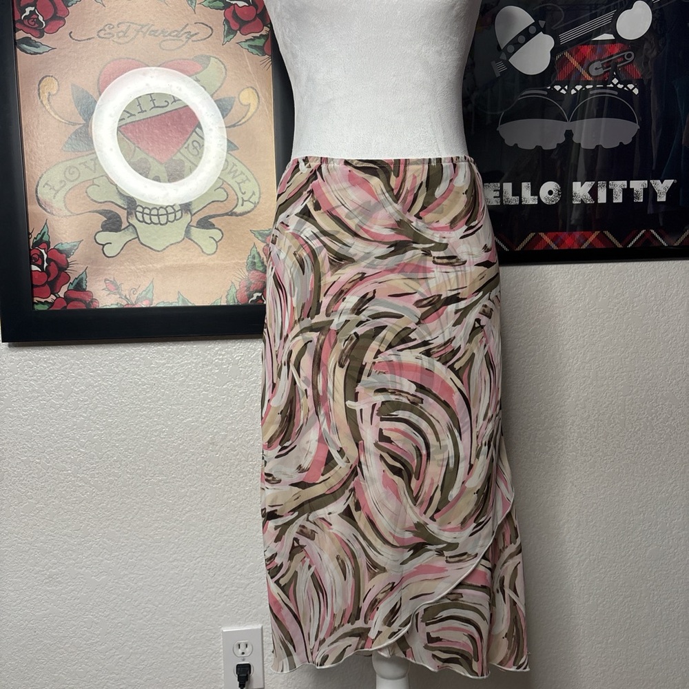 I.N. Studio Pink Abstract Midi Skirt Y2K Flowy Boho Swirl Print Vintage 2000s